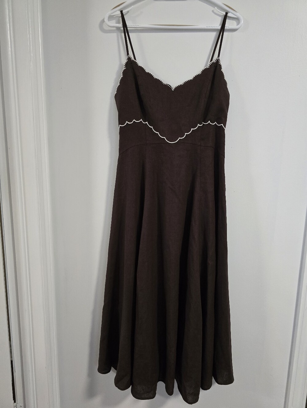 Caroline Constas Chocolate Brown White Beaded Scallop-Trim Maxi Dress Linen S